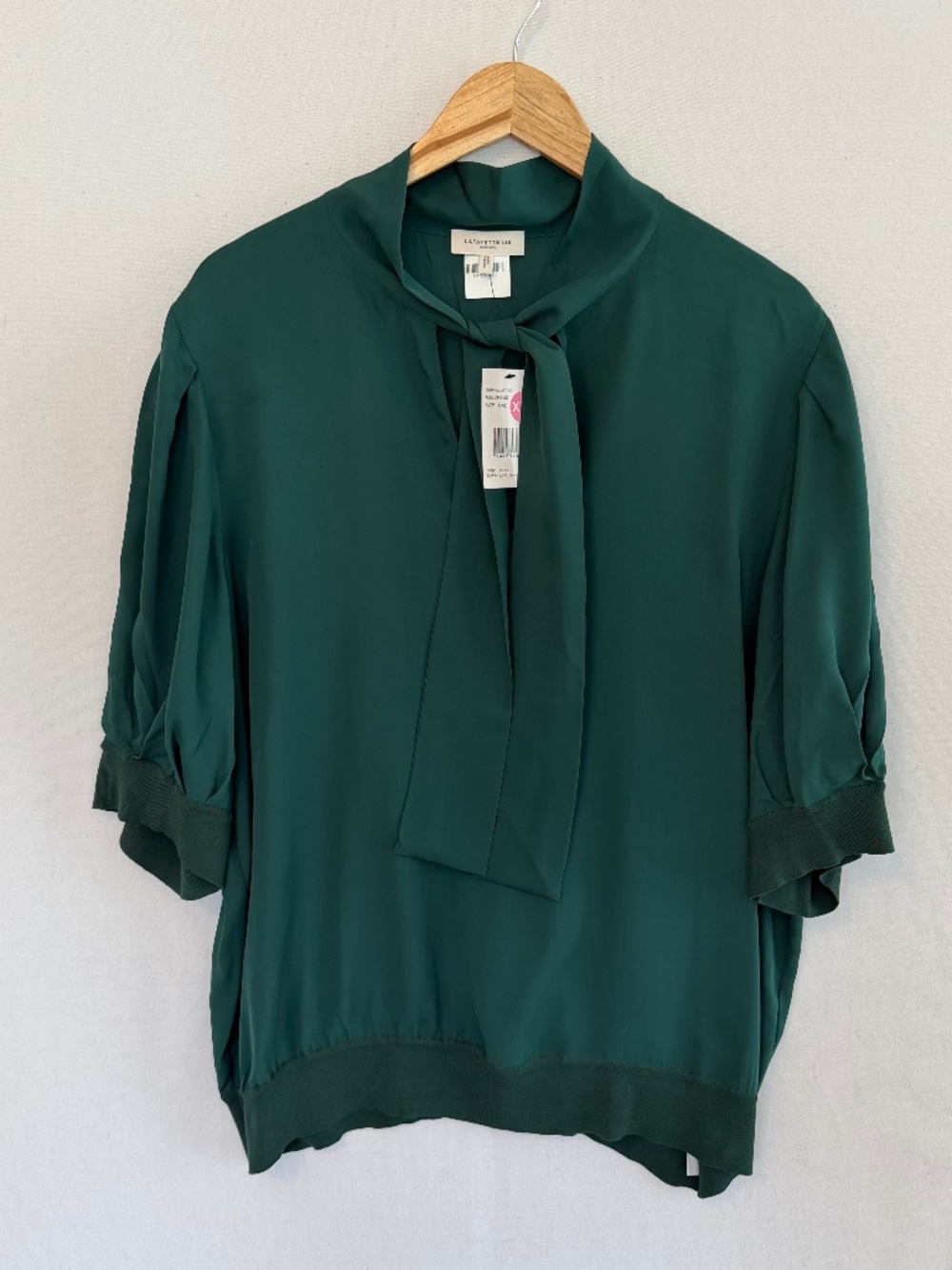 LAFAYETTE 148 Women’s XXL 100% Silk Dark Emerald Green Neck Tie Blouse NEW